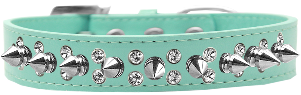 Double Crystal and Silver Spikes Dog Collar Aqua Size 18